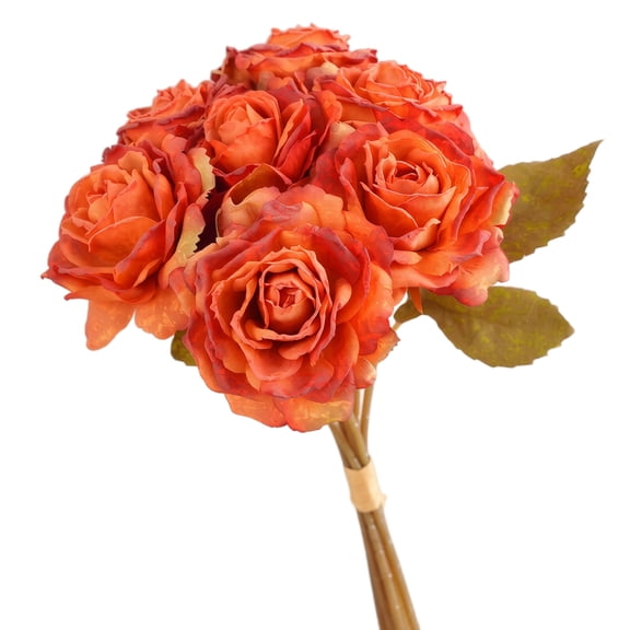 Orange Faux Rose Bouquet, 7 Stem Artificial Flowers with Red Tipped Burnt Edge Petals and for Fall Wedding Centerpieces, Home Vase Decor