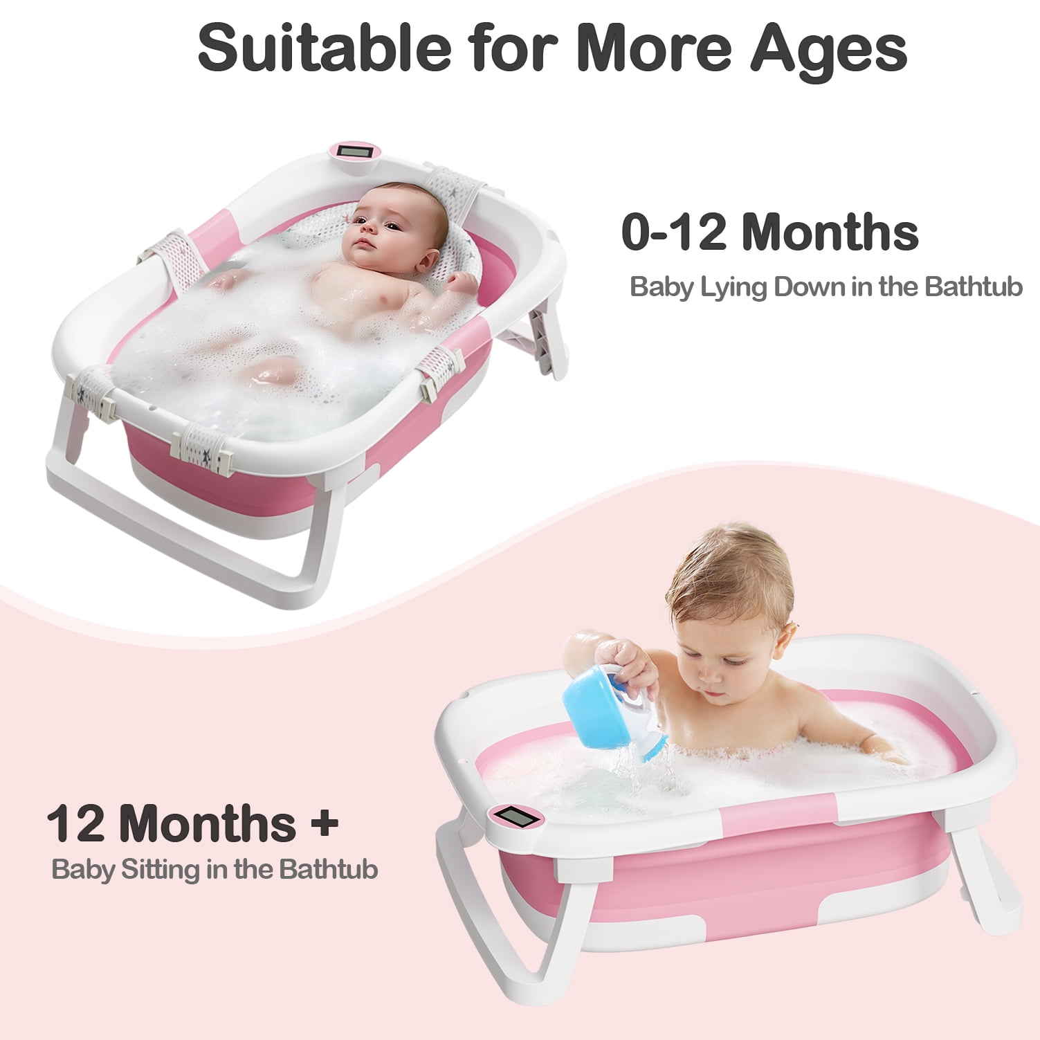 Aprpink Foldable Baby Bathtub PP+TPE with Soft Bath Net&Thermometer for 0-36 Months Toddler Dark Pink