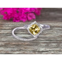 2Pcs Wedding Ring Set 7mm Cushion Cut 2.55 Carat Champagne Diamond Moissanite Engagement Ring On 10k White gold Matching Band Vintage Look Halo Design