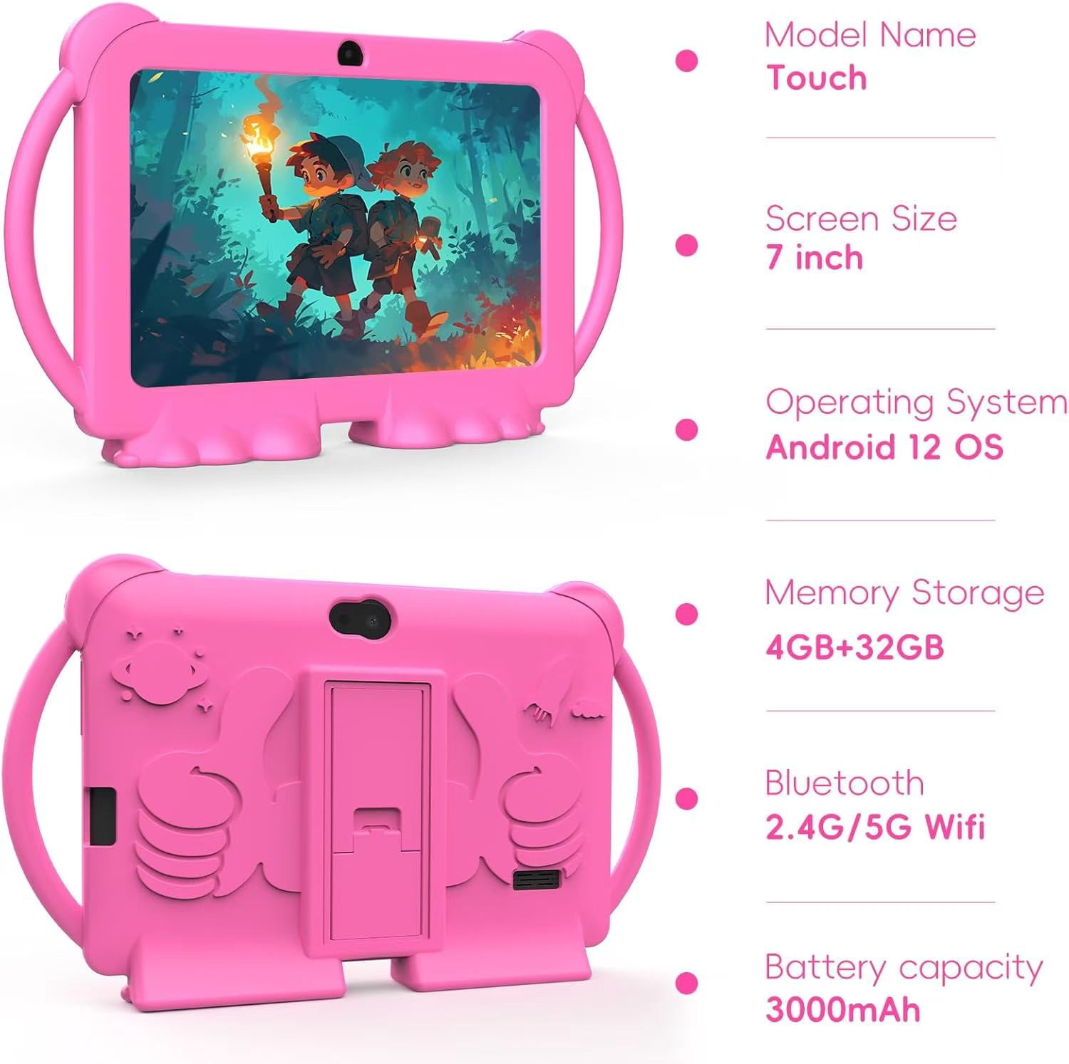YQSavior 7 in 1024 x 600 Kids Parental Controls Tablet, 32GB, Android 12, Wi-Fi, Pink with Silicone Case