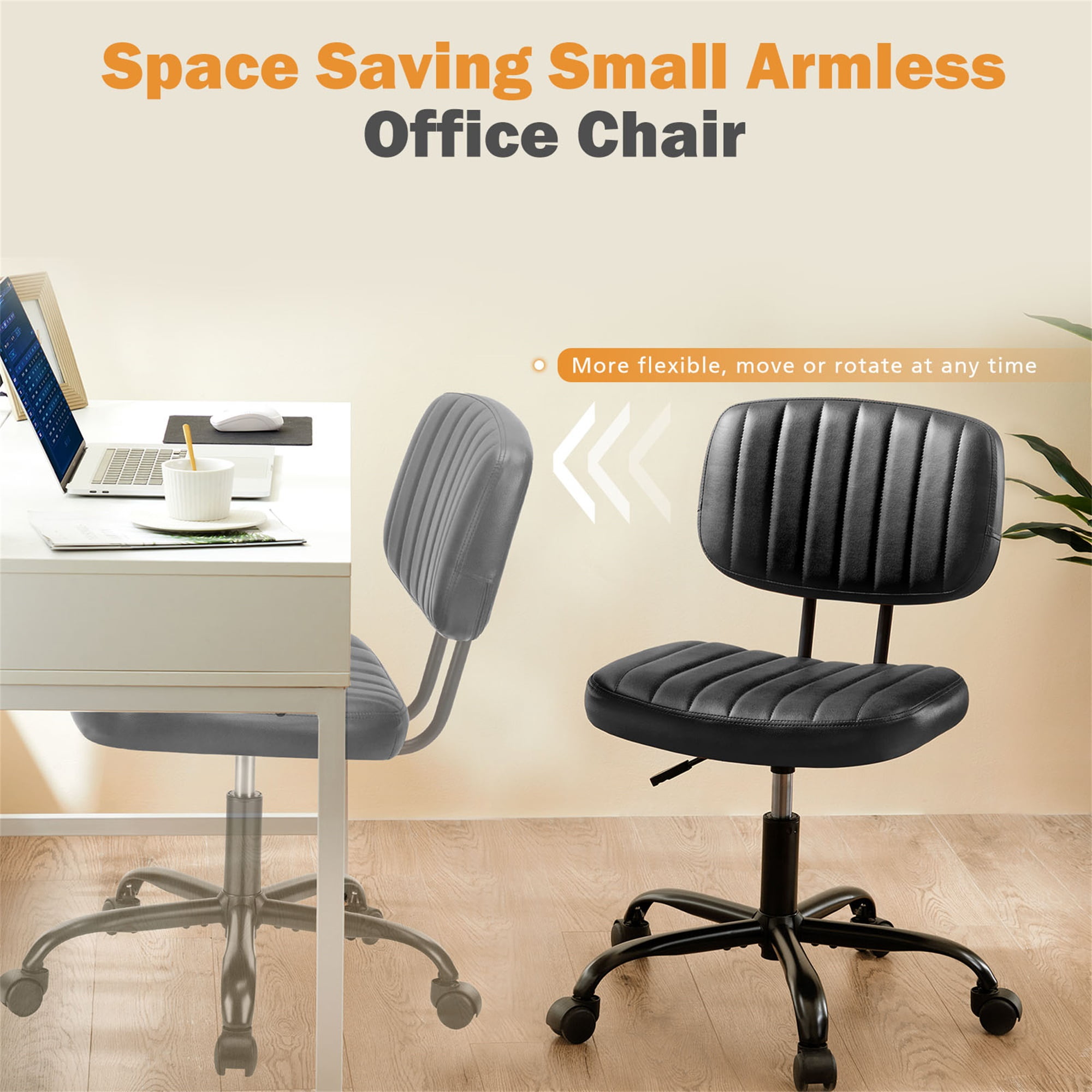 Topcobe Armless Home Office Chair Ergonomic Desk with Comfy Low Back Lumbar Support, Height Adjustable PU Leather Computer Task Chair with 360° Swivel Wheels, for Small Space, Kids and Adults, Black