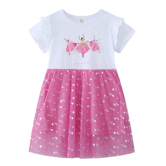 WhouRiu Girls Casual Fashion Graphic Dresses Ruffle Short Sleeve Crew Neck Mesh Dress Kids Comfortable Cute Summer Everyday Sundress,2-3 Years