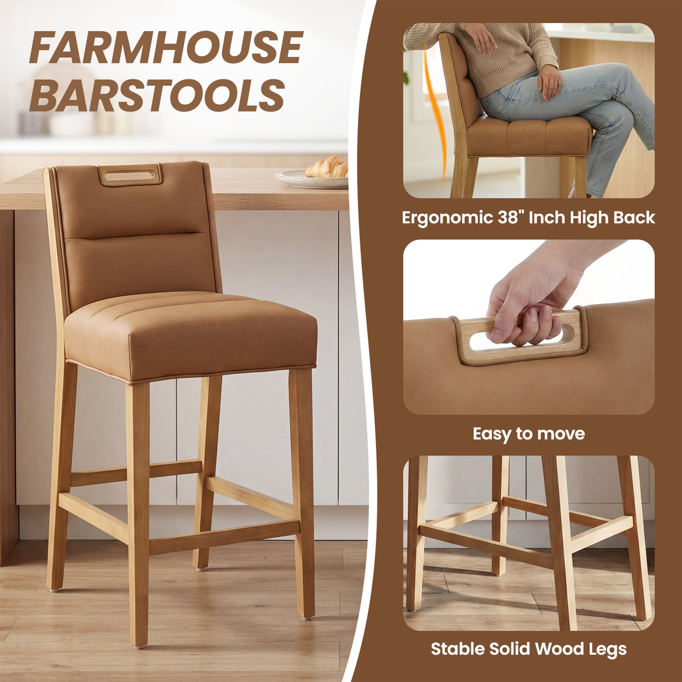 Guyou 26" Modern Bar Stools, Faux Leather Upholstered Counter Height Barstools, Armless Wooden Bar Chairs for Kitchen Island, Home Bar, Brown
