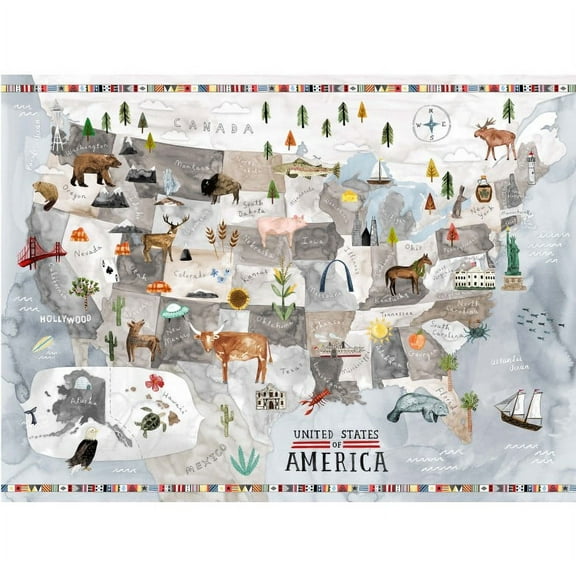 31.5" X 44" Panel United States of America Panel USA East to West Travel Maps Multicolor Cotton Fabric Panel (DDC9683-GRAY-D)