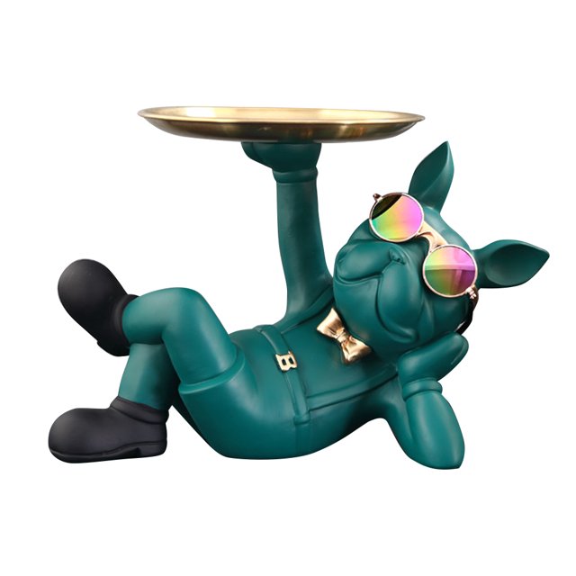 Estatua De Bandeja De Escritorio Estatua de resina para perro, 1 bandeja de metal, adorno de perro Bulldog fresco para regalo (verde) Likrtyny Libre de BPA