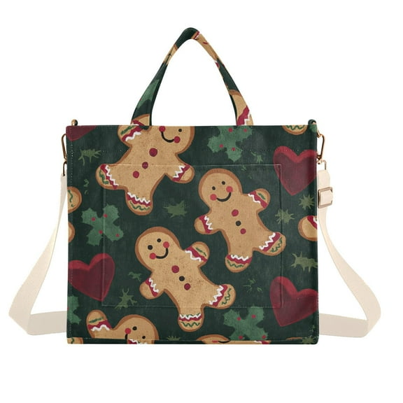 Gingerbread Men Hearts Corduroy Tote Bag Handbag Large Messenger Bag Shoulder Crossbody Zipper Bag Purse