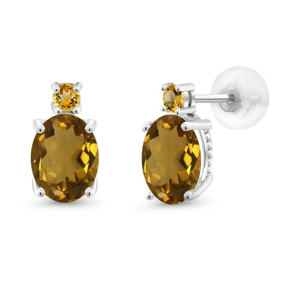 Gem Stone King 14k White Gold Whiskey Quartz and Yellow Citrine Earrings for Women (2.14Cttw, Gemstone, Oval 8X6MM, Round 2.5MM)