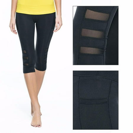 Athletic Capri Pants FITTOO Activewear Women's Mesh Yoga Running Pants Waistband Workout Capris Leggings Black,L ()