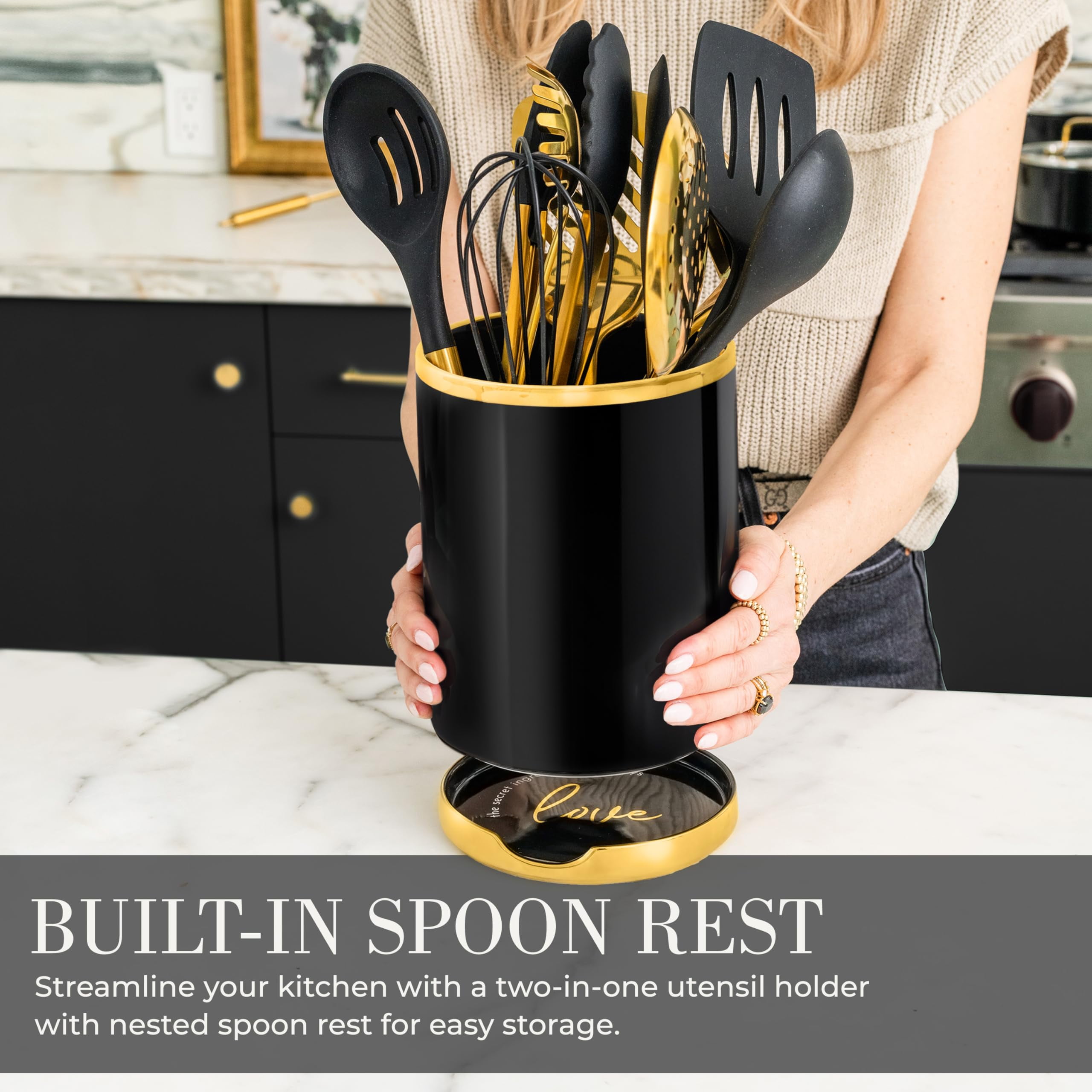 Styled Settings Black and Gold Cooking Utensils Set -13 PC Black and Gold Kitchen Utensils Set Includes Black Ceramic Utensil Holder with Stackable Black & Gold Spoon Rest - Gold Kitchen Accessories