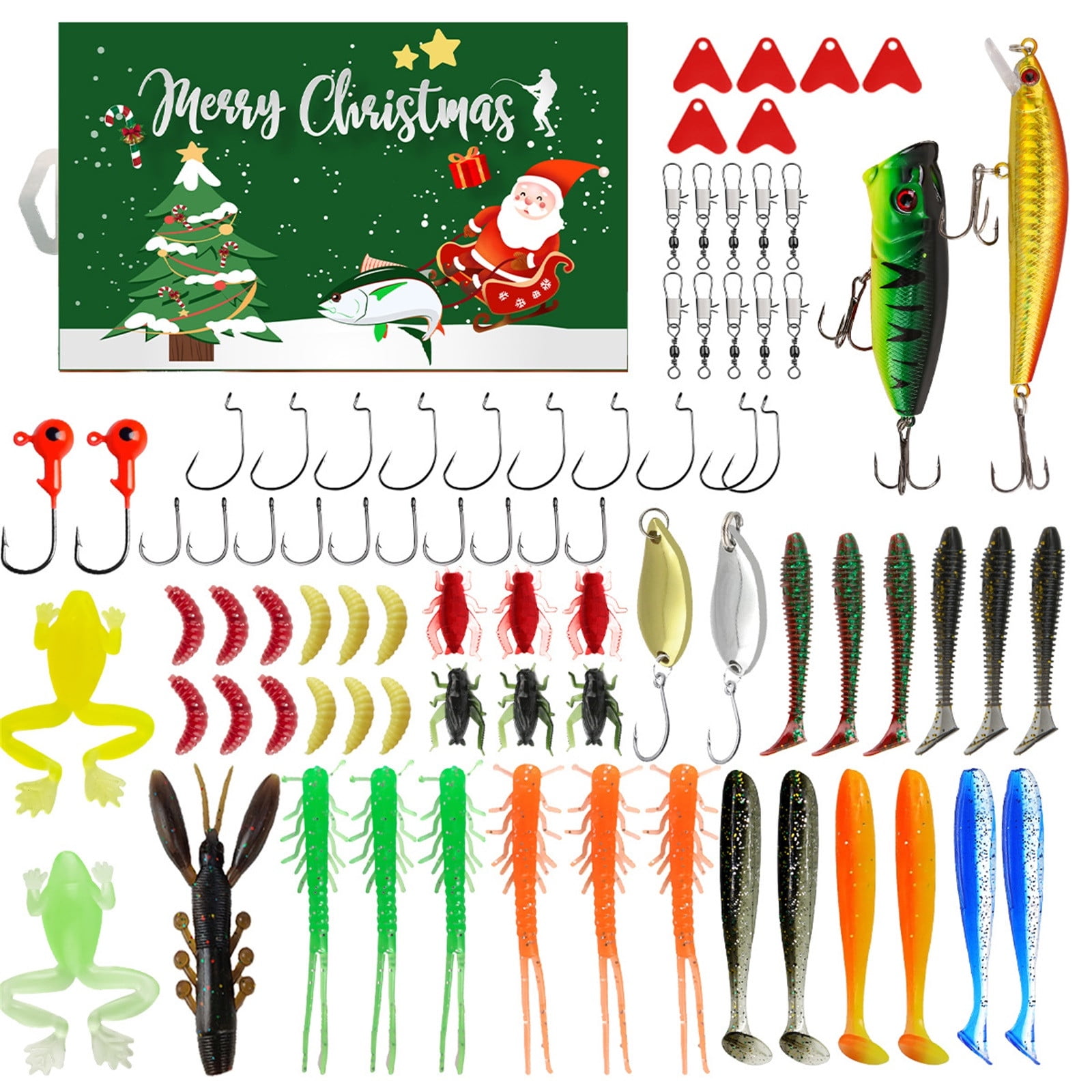 Fishing Advent Calendar Christmas Countdown Blind Box Complete Bass Fishing Tackle Kit Hard Soft Baits Hooks Accessories Surprise Gift Set for Anglers Men Family Fun 78-Piece
