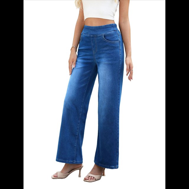 Pantalones Vaqueros Anchos de Talla Grande para Mujer, Cintura Alta, Adelgazantes, con Múltiples Bolsillos, Rectos, Holgados e Informales. Azul XL