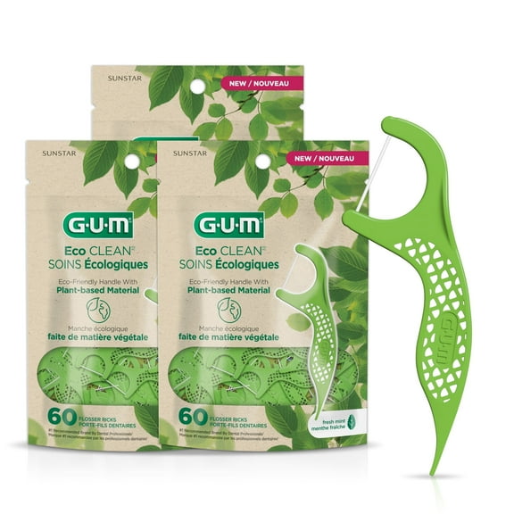 GUM Eco Clean Flosser Picks, Promotes Healthier Gums, Fresh Mint Flavor, 60 Count (Pack of 3)