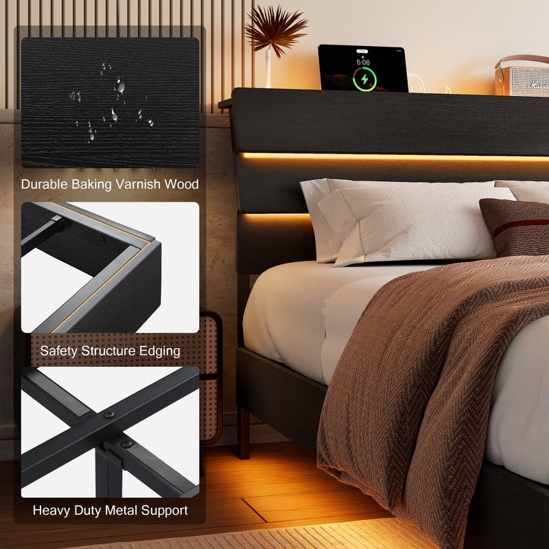 Galnfu Floating Queen Size Bed Frame with LED Light and USB Port Charging Station, Platform Bed with Wooden Storage Headboard, Sturdy Steel Slats,Easy to Assemble, Black.