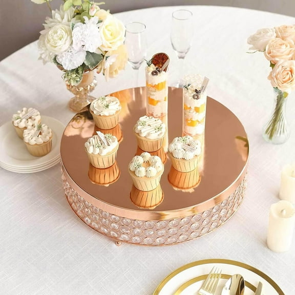 Efavormart Rose Gold Crystal Beaded Metal Cake Stand Pedestal, Cupcake Display, Dessert Riser - 16"