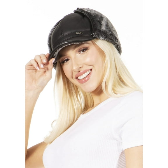 Sakkas Leather Ushanka Faux Mink Fur Tropper Pilot Hat With Earflap - Black - Large