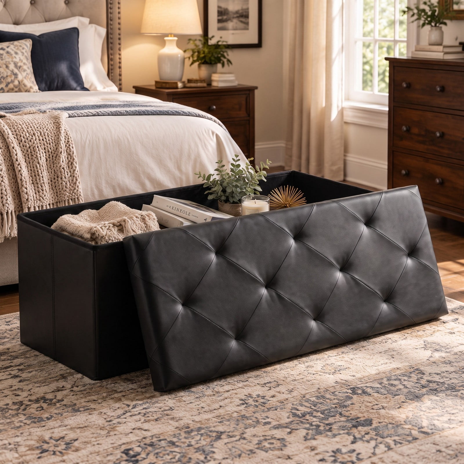 Telyra 43" Foldable Storage Ottoman Bench Faux Leather Footrest Stool with Foam Padded Seat, Black