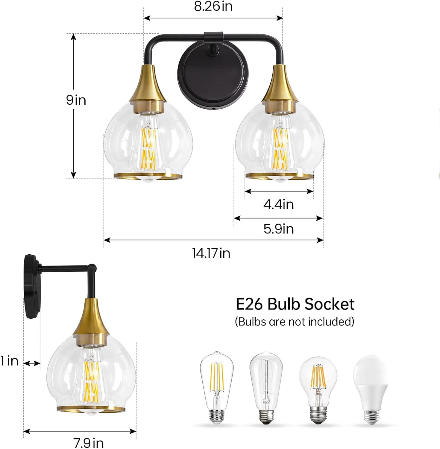 KAISITE 2-Light Black and Gold Modern Dimmable Vanity Lights with Globe Glass