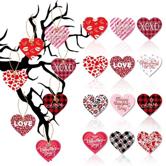 Bxaolu Valentines Day Decorations, 12Pcs Red Pink Valentine's Day Heart Shaped Hanging Ornaments for Tree Home Wedding Party Gifts Table Decorations Supplies