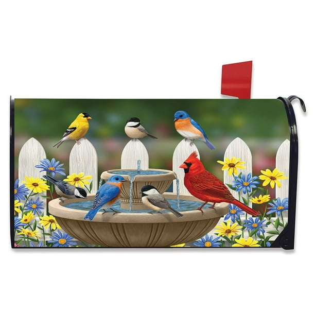Birdbath Gathering Spring Mailbox Cover Floral Birds Standard