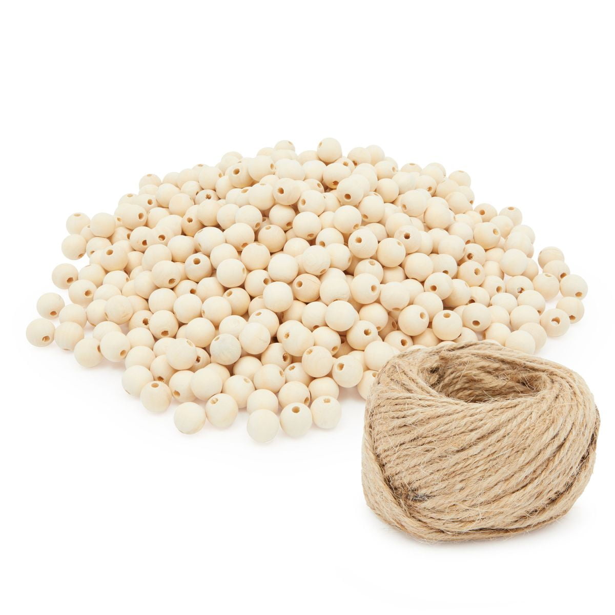 500 Pieces Set Round Wooden Beads Bulk 16mm with Jute Twine, Unfinished Wood for Crafts, Jewelry Making, 0.6 in