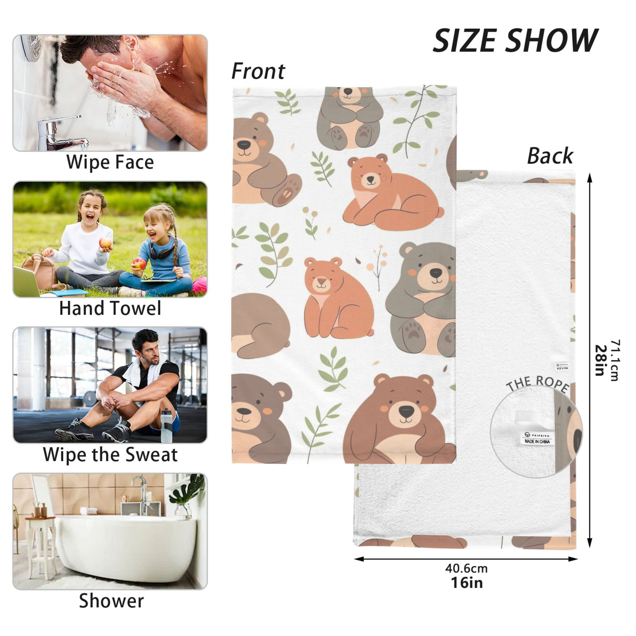 Cotton Bath Towels Soft Face Towel Absorbent Quick Dry Cute Bears with Leaf 16"x28" 2 Pack