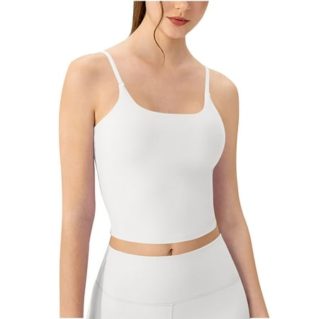 RYDCOT Cami Tank Tops for Women Built in Padded Bra Longline Sports Bra Cropped Tank Tops for Women Workout Fitness Camisole Crop Top Yoga Top Clearance White