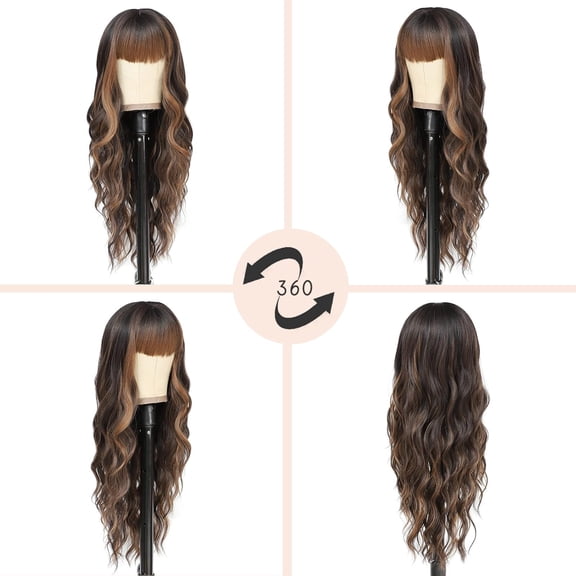 SHILIU-Brown Wigs with Bangs for Women Long Curly Wavy Hair Wigs Heat Resistant Synthetic Fiber Wigs for Daily Party Use 26 Inches (Dark Brown Mixed Chestnut)