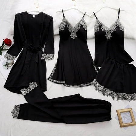 Levmjia Pajamas for Women Set Clearance Summer Plus Size 5-Piece Women Sexy Garter Lingerie Set Robes Lace Bodysuit Deep-V Neck Underwear
