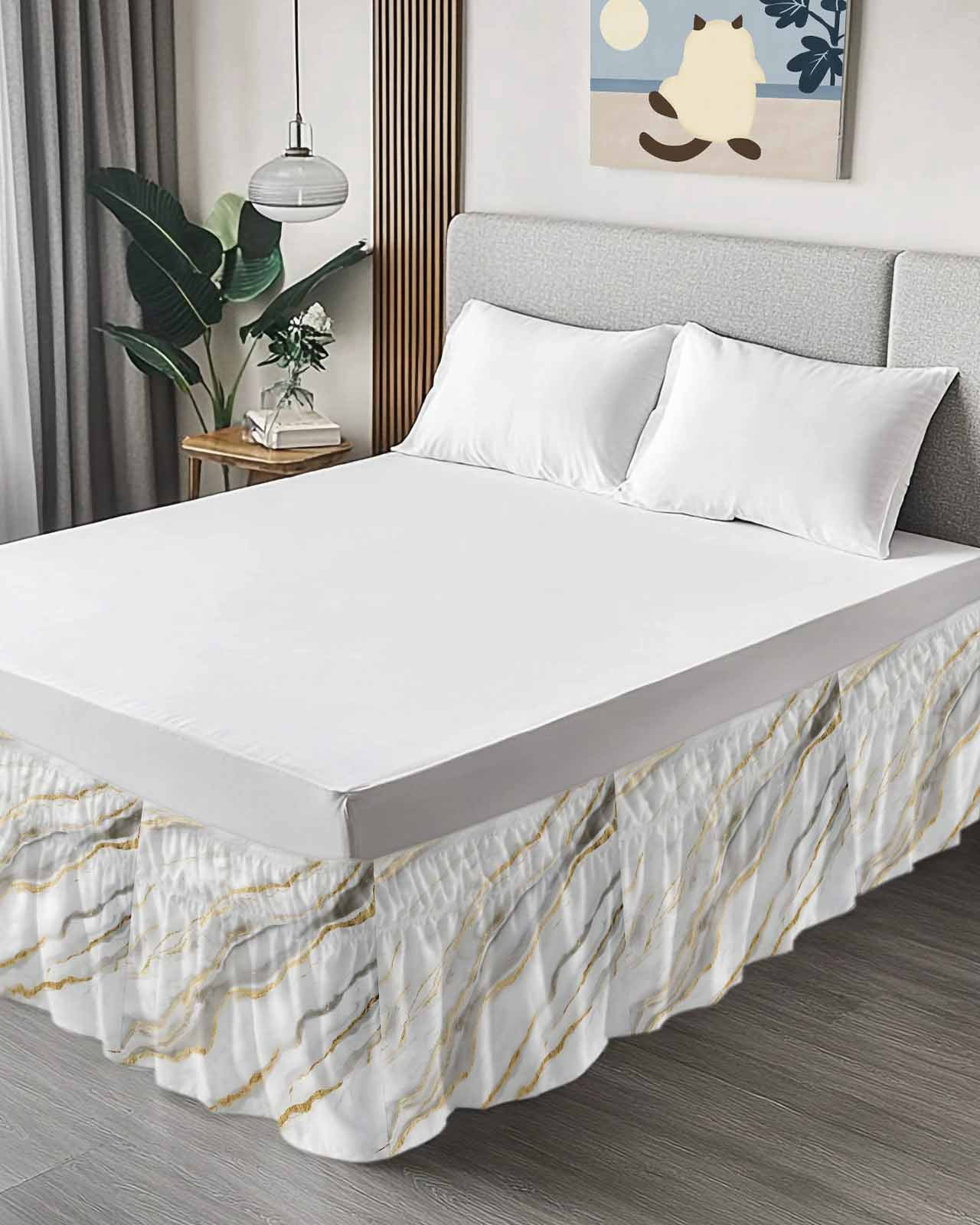 White Marble Wrap Around Bed Skirts for Queen Bed 16" Drop, Bed Skirt with Adjustable Elastic Belt Dust Ruffle Bed Valance for Bedroom Hotel Luxury Abstract Modern Yellow Crack Art Bed Frame Cover
