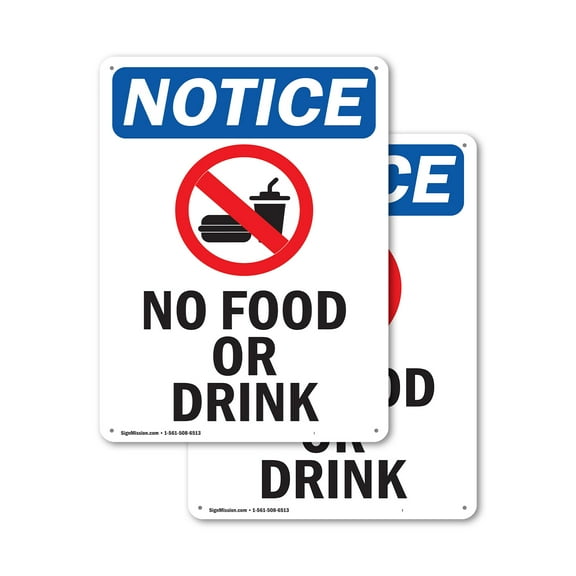 (2 Pack) No Food Or Drink OSHA Notice Sign 10 Inch X 14 Inch Plastic Sign, Weather Resistant, UV Protected for Workplace, Business, and Construction Site, Made in the USA