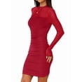 thumbnail image 3 of Women'S Mesh Sheer Long Sleeve Ruched Mini Dress Bodycon Mock Neck Cocktail Party Club Dresses Red XL, 3 of 9
