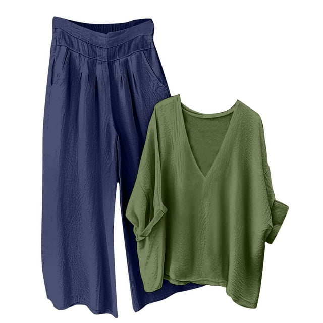 Women's Linen Set 2025 - V-Neck Top & Pants | Breathable Summer Loungewear