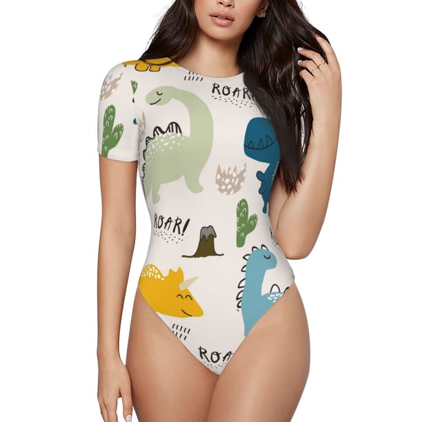 Balery Childish Dinosaur Body de cuello redondo de manga corta para mujer Tops de manga corta Tops básicos-X-Large