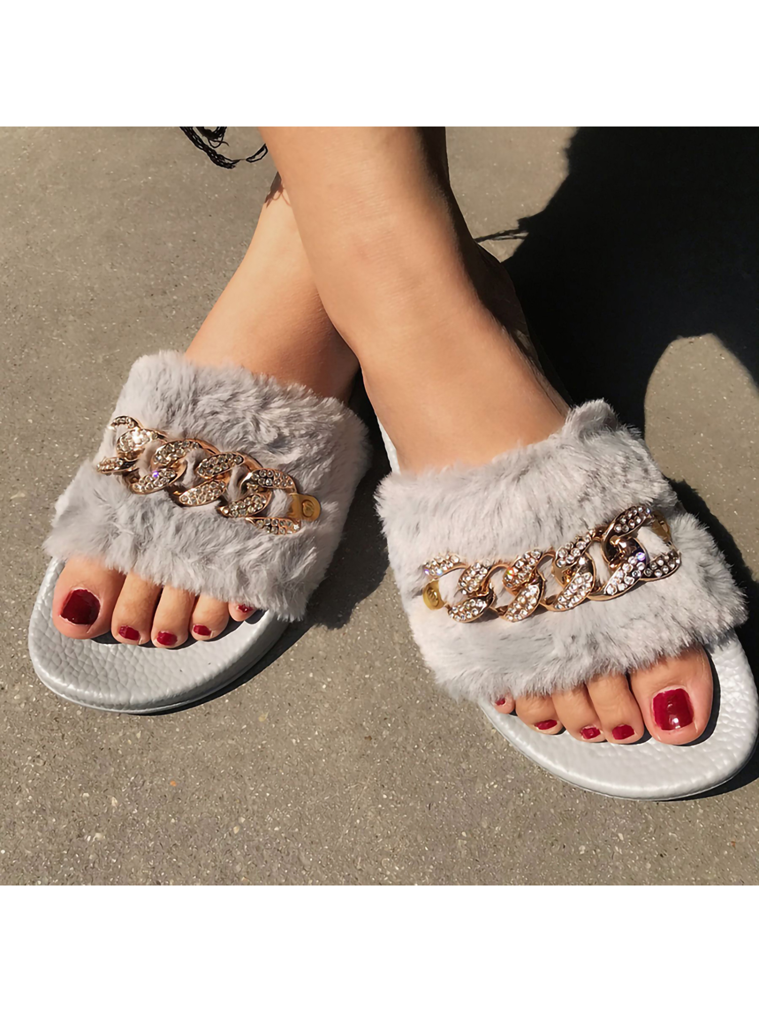 Women Ladies Flat Faux Fur Fluffy Sliders Slippers Comfy Sandals Flip Flop Shoes