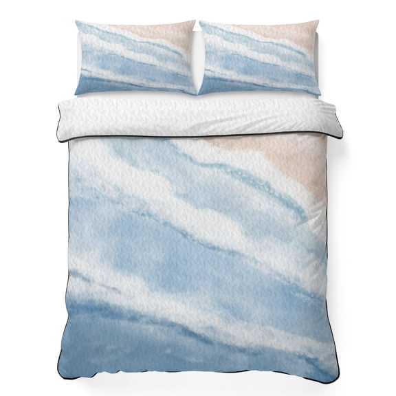 King Quilt Set 96''x106'', Ombre Blue Waves Lightweight Bedspread Coverlet Set with 2 Pillow Shams, Gradient Coastal Beach Sandy Ocean Breathable All Season Quilt Bedding for Bedroom/Guest Room