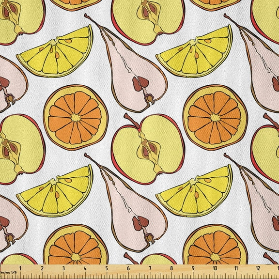 Ambesonne Fruit Art Fabric by the Yard Microfiber, Orange Apple Pear Lemon, 2 Yards, Orange Earth Yellow