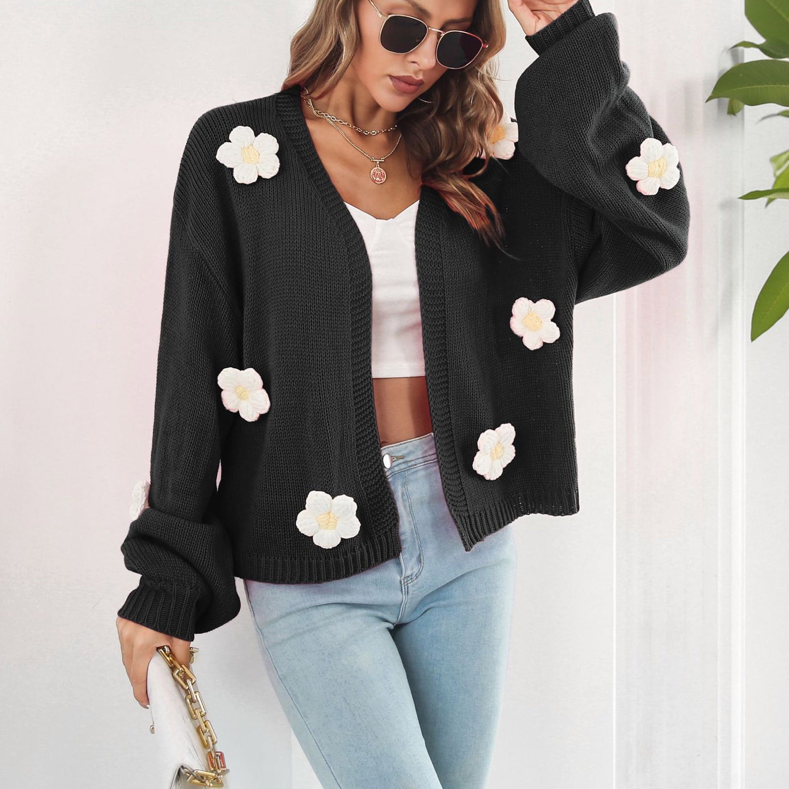 Bdfzl Women s Winter Heavy Three Dimensional Embroidery Flower Lantern Sleeve Loose Knit Sweater Cardigan Coat