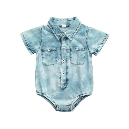 

Canrulo Newborn Baby Girl Boy Summer Romper Short Sleeve Button Jean Solid Color Bodysuit with Pocket Blue White 9-12 Months