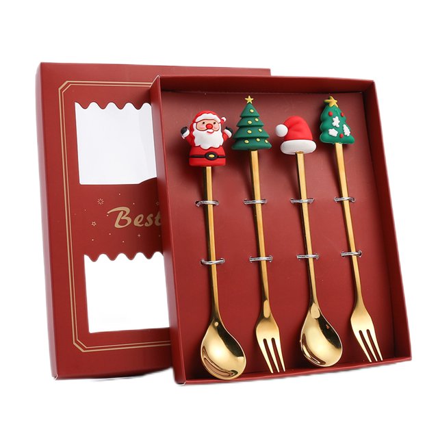 Batería de Cocina Árbol de Navidad Tenedor Cuchara Set Postre de dibujos animados Vajilla Caja de regalo (Estilo H) Tmvgtek Libre de BPA