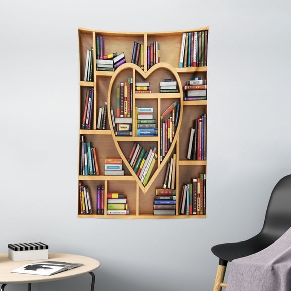 Library Tapestry, Sweet Digital Drawn Love Education Concept Wooden Bookshelves Shape as Heart Print, Wall Hanging for Bedroom Living Room Dorm Decor, 40"W X 60"L, Multicolor, by Ambesonne