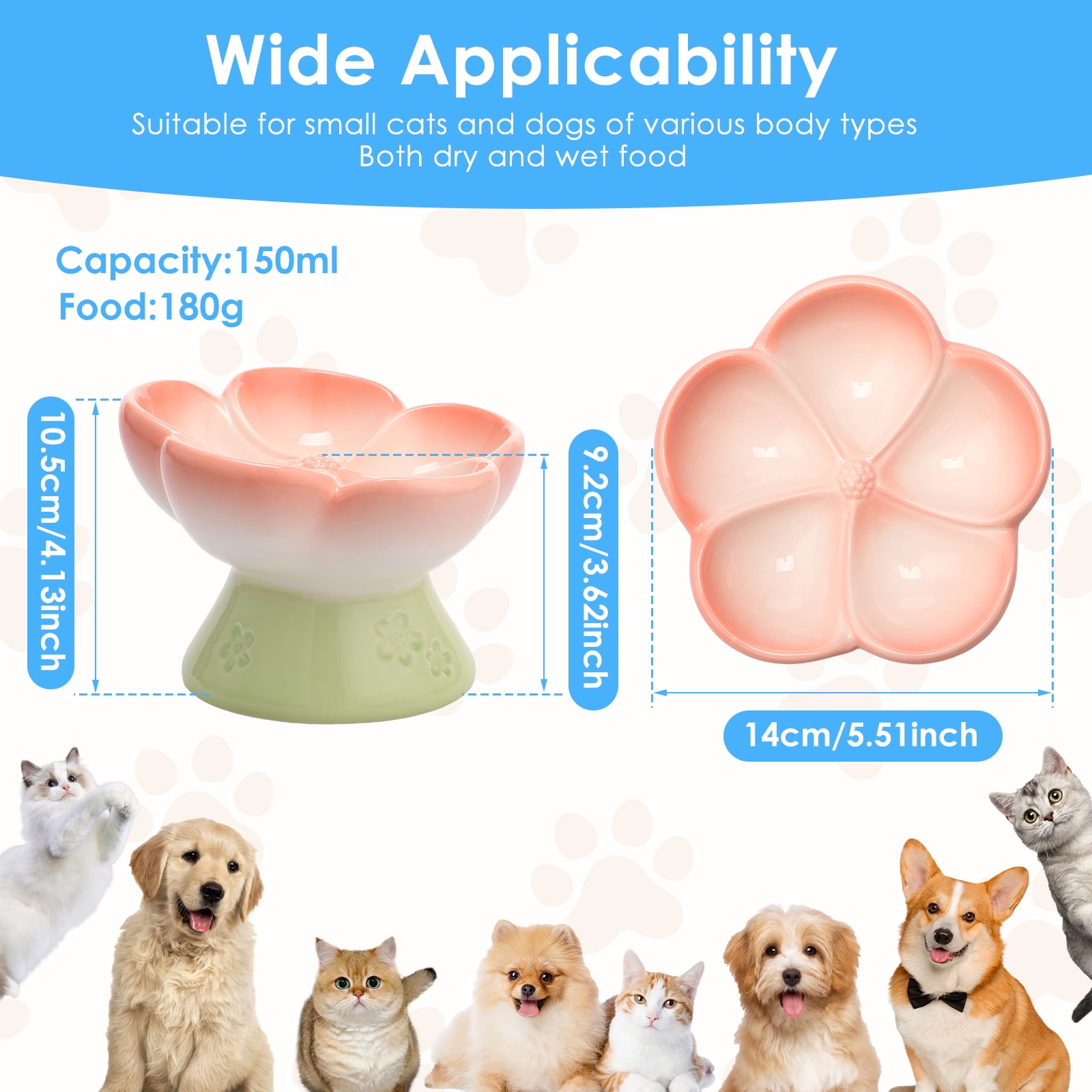 CERAMICS Raised Slow Feeder Cat Bowl, Ceramic Elevated and Titled Glass Food Bowl Small Dogs Slow Feeder, Flower Shaped Cute Cat Dish for Dry and Wet Food (Pink, 5.5")
