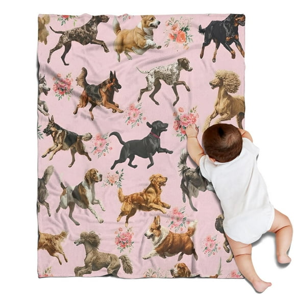 Dogs with Pioneer Flower Blanket,Comfortable Soft Flannel Throw Blanket,All Season,Warm Lightweight Blankets for Sofa Bed Couch Living Room Chair,30"x40"