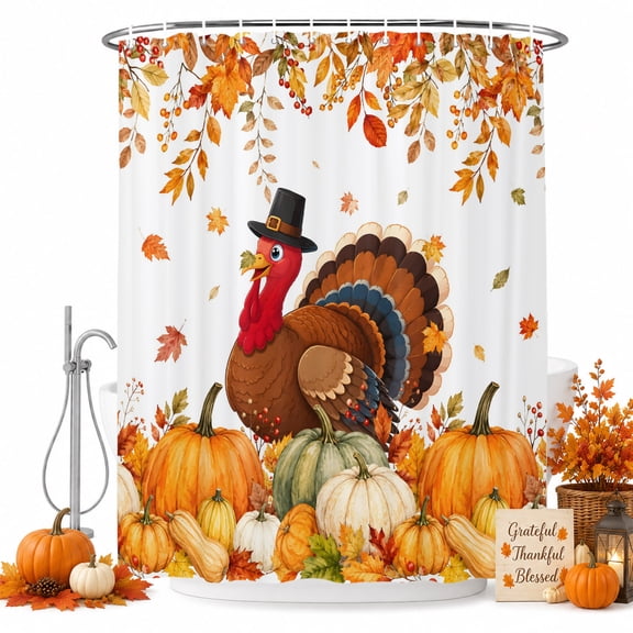 Polyester Fabric Thanksgiving Fall Shower Curtain, Autumn Turkey Pumpkin Maple Leaves Waterproof Bathtub Curtain Bathroom Decor Set with Hooks 36 x 72 Inches
