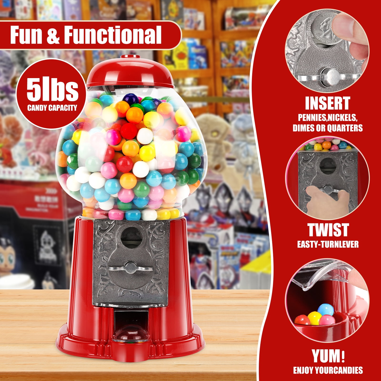 15 Inch Commercial Red Big Gumball Machine With Stand Key-Operated ,Uncharged Candy Dispenser Machine Bubble Gum Machine Coin Operated Metal Candy Machine Halloween Christmas Fun Party Gift