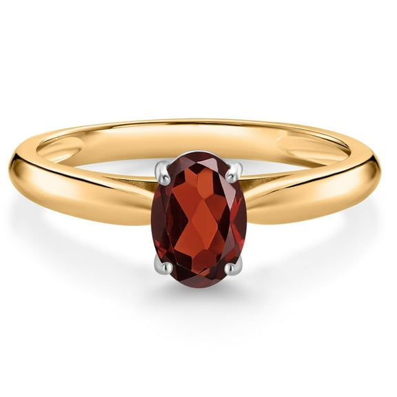 Gem Stone King 10K Yellow Gold Red Garnet Solitaire Engagement Ring for Women (0.87 Cttw, Oval 7X5MM, Gemstone January Birthstone, Size 6)
