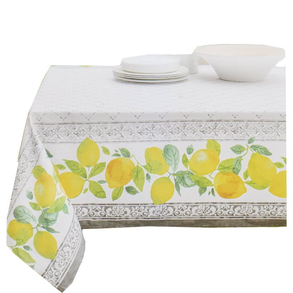 Yellow Lemon Tuscany Citrus Tablecloth White Textured Fabric Benson Mills (52 x 70 Rectangle)