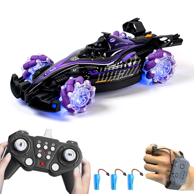 Zootealy Remote Control Stunt Car D864 Formula Drift Spray Racing Vehicle with LED Wheels, 3D Sound Effects, Purple Color - Double Remote, 3 Battery Version
