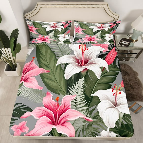 YST Pink Floral Bed Sheets White Flower Fitted Sheet Full Size Plants Theme Bedding,Palm Tree Bed Cover Topical Leaves Bed Set Lady Women Bedroom Decor,Soft 3 Piece