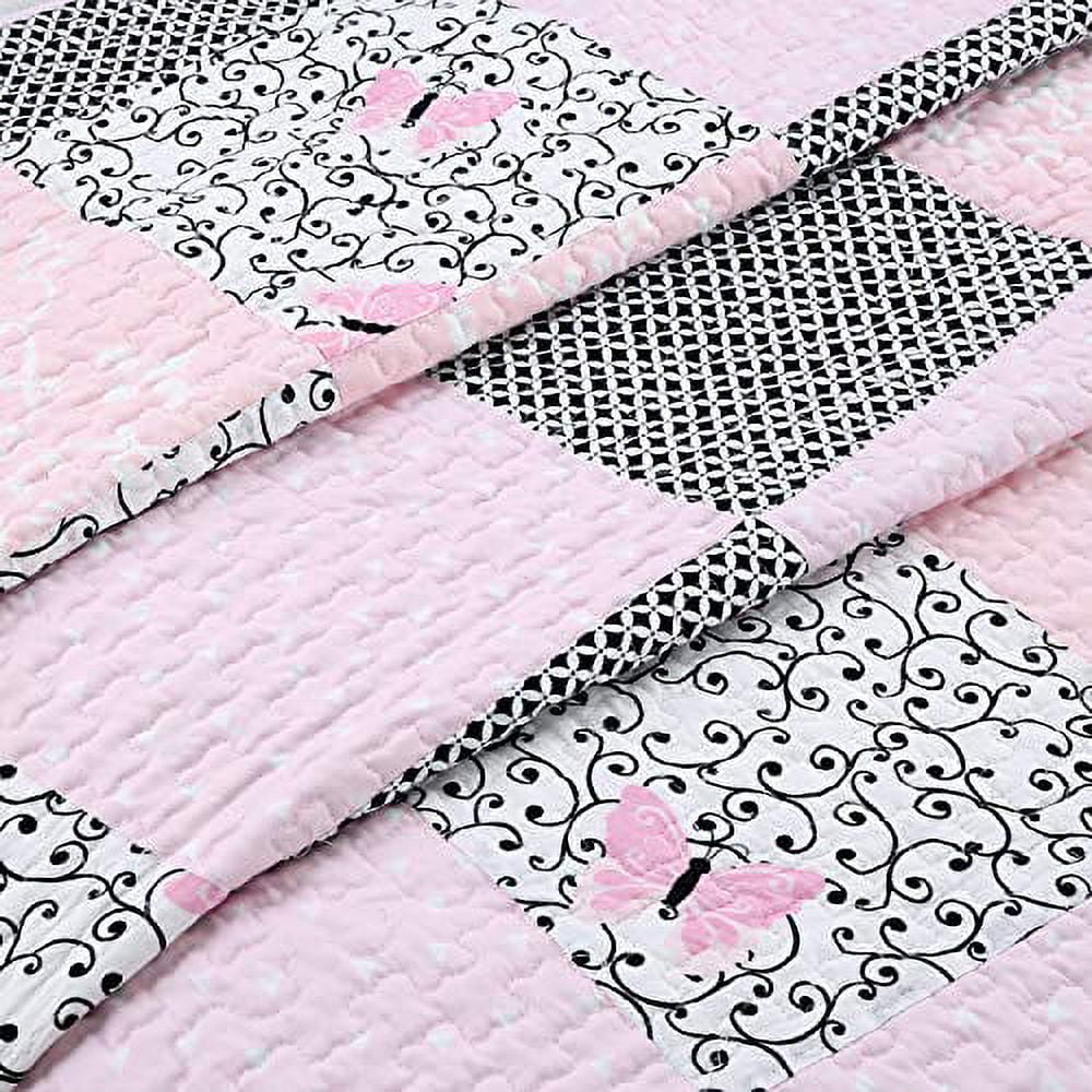 Cozy Line Home Fashions Emerson Pink Butterfly Patchwork Reversible Cotton Quilt Bedding Set, Queen 3-Piece