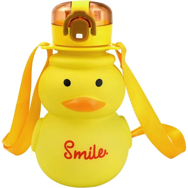 Kawaii Duck Water Bottle with Straw 650ml - Cute Leakproof Strap Bottle for Kids